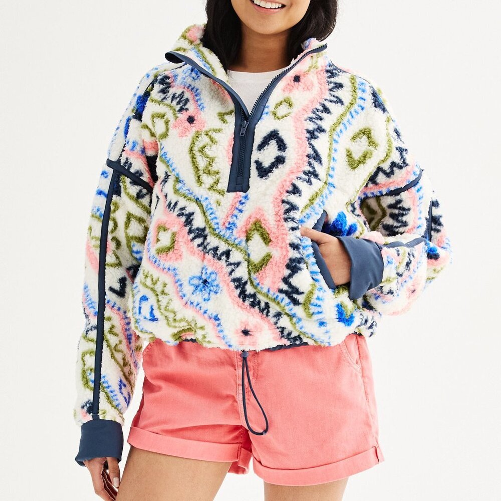 SO Toggle High Pile Quarter Zip Pullover White Blue Geo Geometric Sherpa Fleece